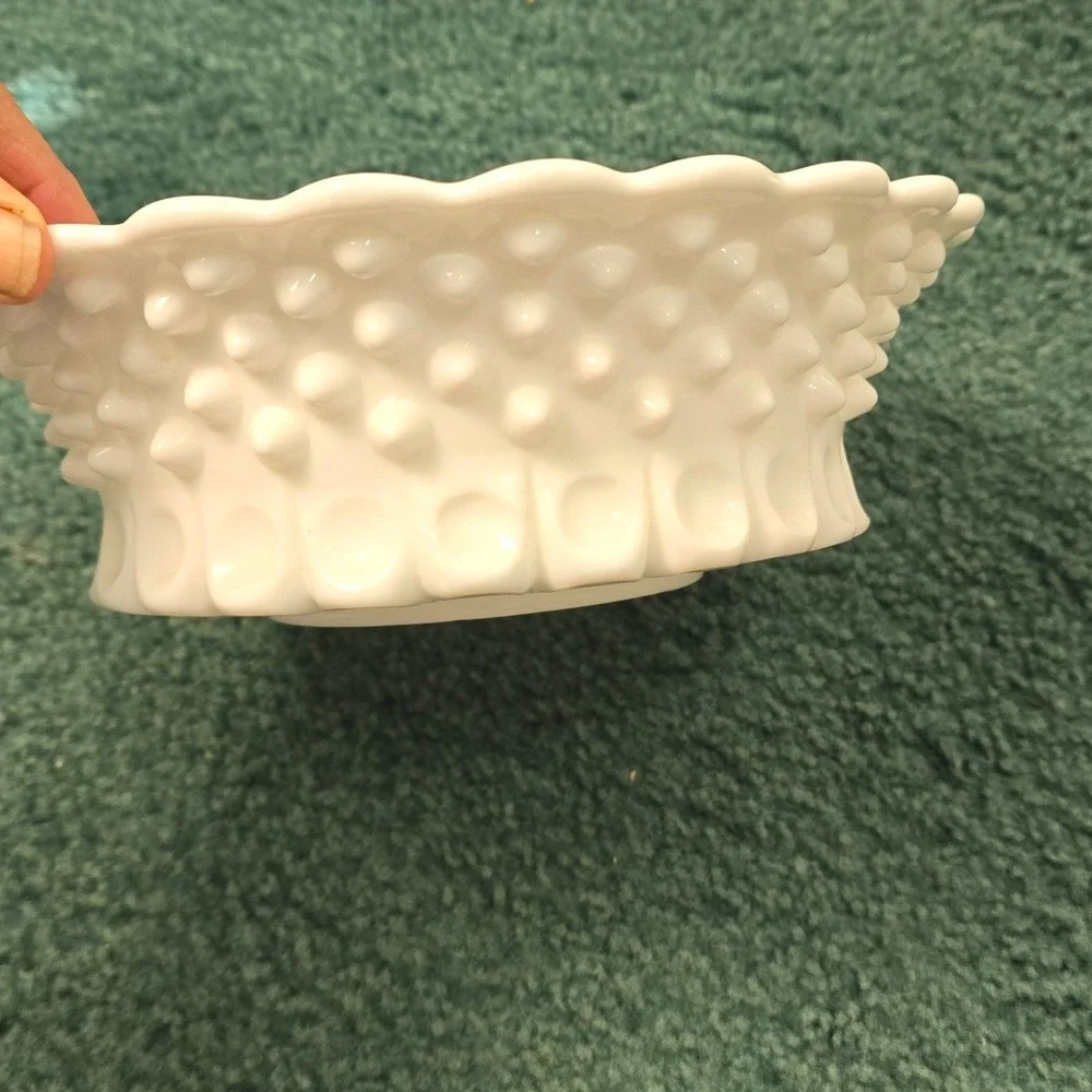Fenton Mid-Century Hobnail‎ White Scalloped Edge Milk Glass Bowl Cottagecore